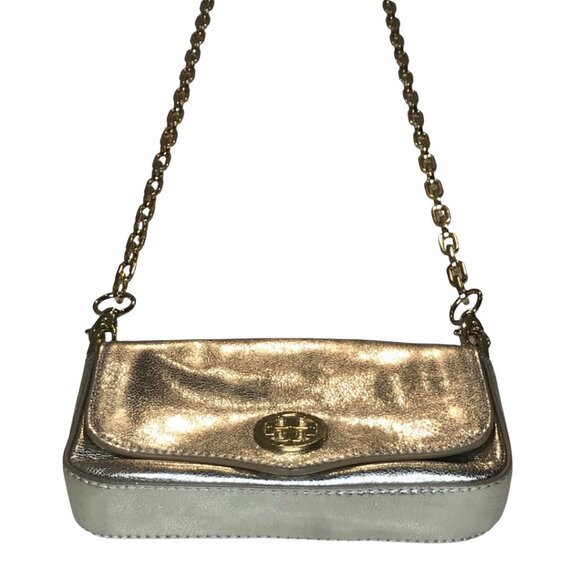 TORY BURCH - Distressed Metallic Gold Leather Mini Chain Clutch/ Crossbody Purse - Picture 8 of 16